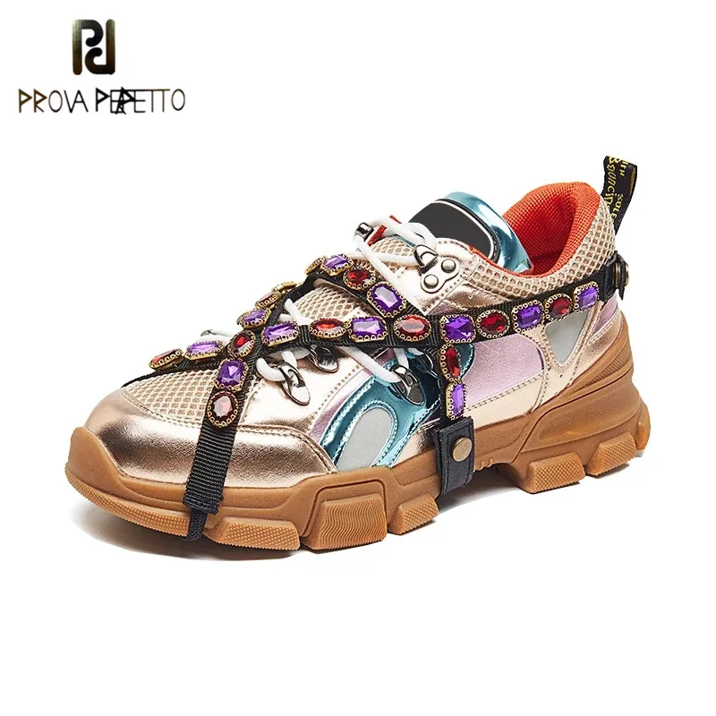 

Prova perfetto Fashion Women Shoes New Tenis Feminino Mixed Color Crystal Shoes Cross-tied Sapato Flats New Casual Sneakers