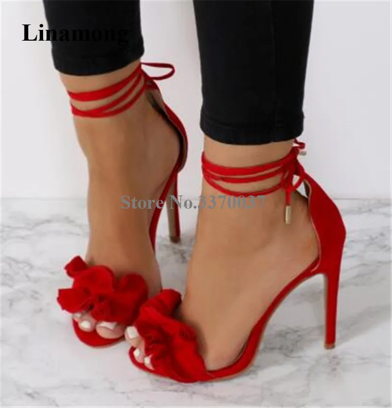 

Women Sweet Fashion Open Toe Suede Leather Ruffle Stiletto Heel Sandals Ankle Strap Lace-up Red High Heel Sandals Dress Heels