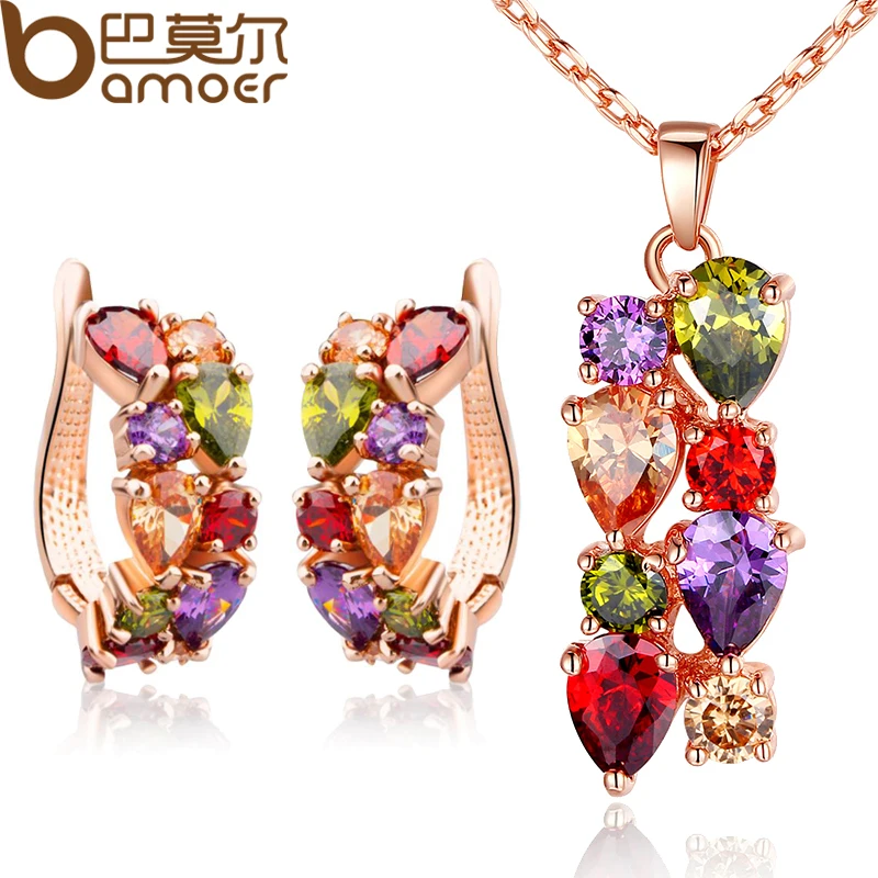 

BAMOER Gold Color Gold Unique Jewelry Sets with Multicolor AAA Zircon Stone Women Wedding & Engagement Jewelry