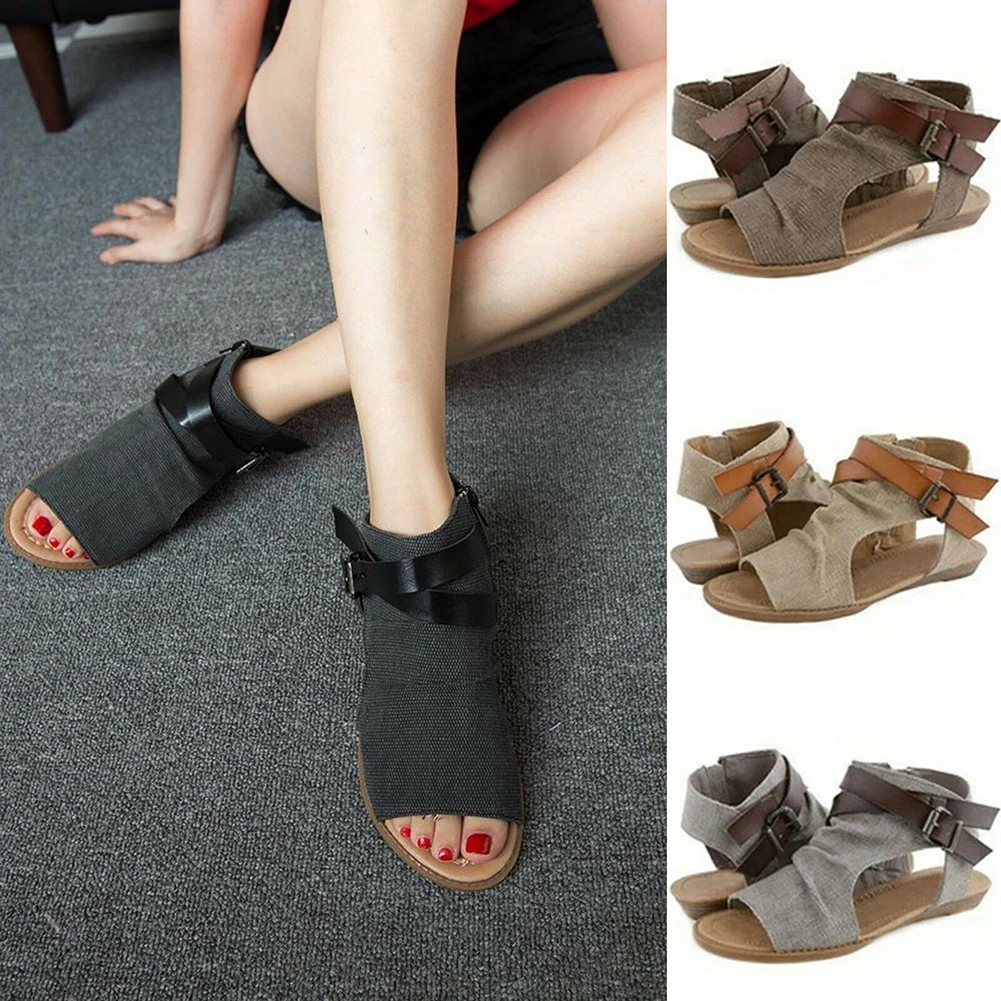 

2019 NEw summer boots women's sandals flat wedge ladies Denim shoes t strap Gladiator sandales peep toe Roman zipper big size 41