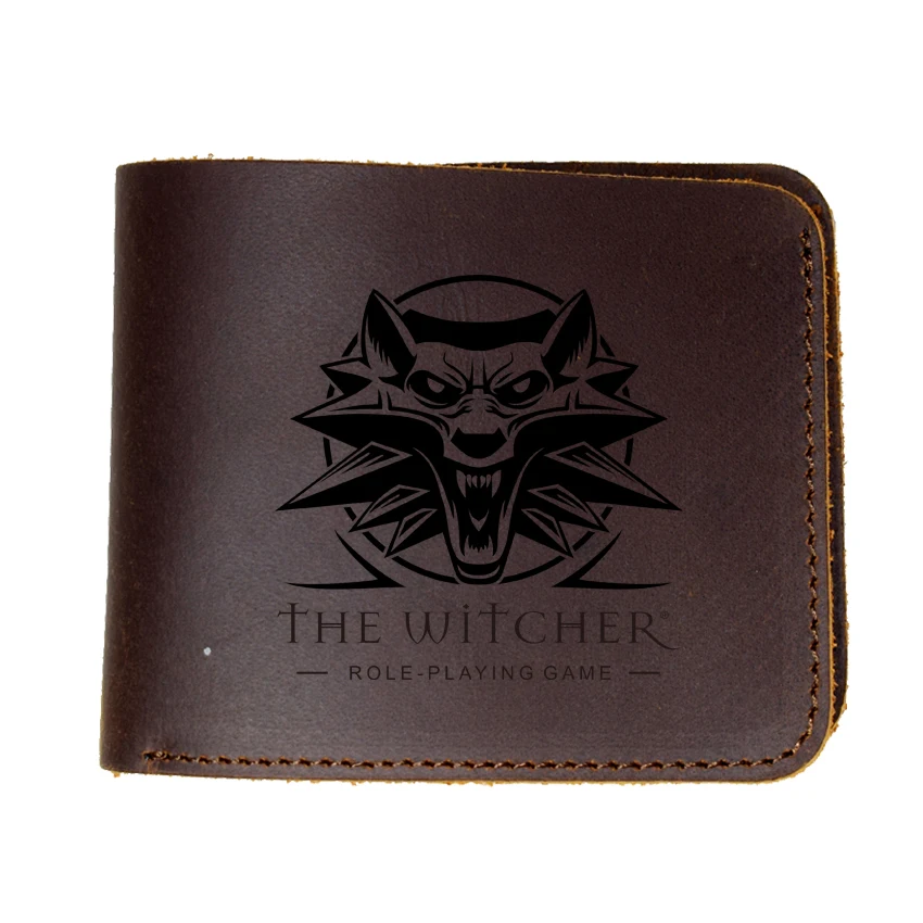 

Vintage Man Wallet Genuine Leather Cowhide Credit Card Holders Custom Name Men Purse Engraved the witcher wolf Wallet Male