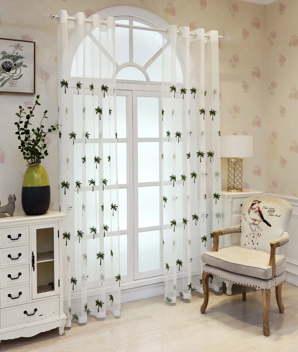Simple Modern Coconut Tree Screen Embroidery Sheer Voile Window Drapes for Living Room Door Lace Curtains A966 (3)