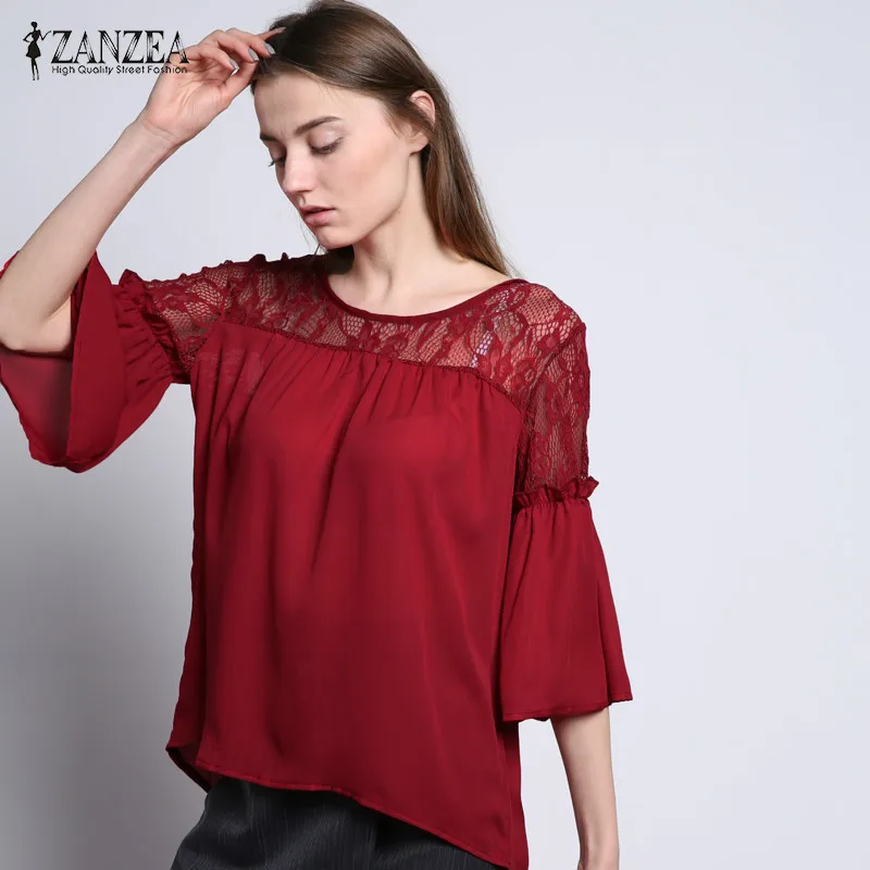 ZANZEA Лето женская блузка шифон, кружево с отделкой стиле пэчворк цветочные крючком рубашка О-образный вырез повседневные свободные топы Blusas Femininas размера плюс