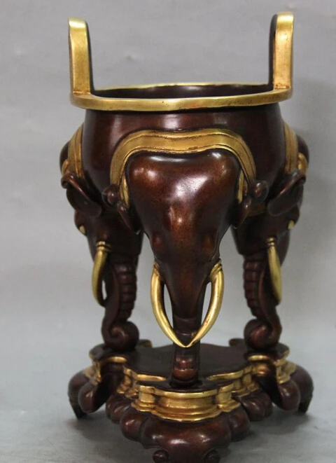 

8"Marked China Purple Bronze 24K Gold Elephant Ding Incense Burner Censer Statue R0711
