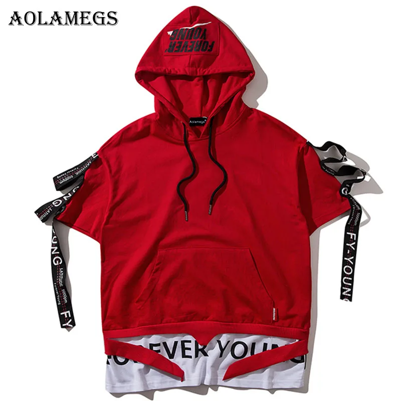 

Aolamegs T Shirt Men Ribbon Hooded Men's T-Shirts Short Sleeve High Street Summer Hip Hop Casual Cotton Tops Tees Streetwear