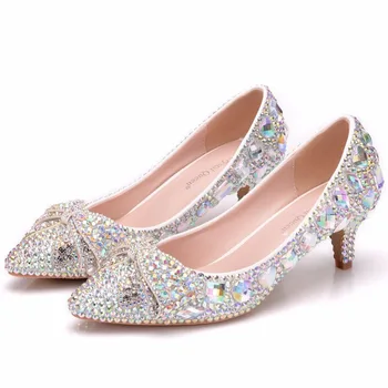 

Women Rhinestone Wedding Shoes Flower Luxury Crystal High Heel 5CM Shoes Women Cinderella Princess Pumps Bridal Shoes Size 34-43