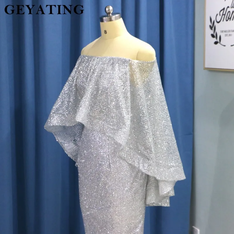 Блестящее серебряное длинное вечернее платье с блестками в арабском стиле, с накидкой, лодочкой, с открытыми плечами, Дубай, платья для выпускного вечера, Марокканское платье-кафтан