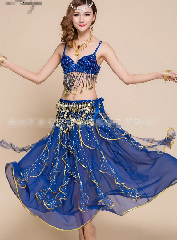 

1set/lot woman belly dancing set chiffon skirt and sequined taseel bra sexy indian dancing costumes