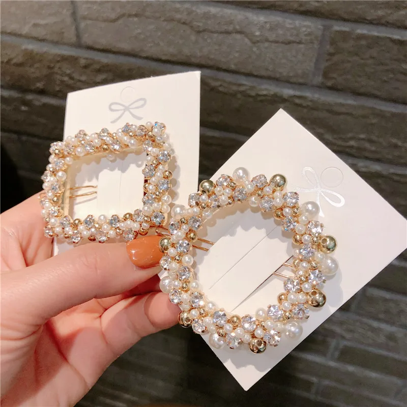 

Korea Full Crystal Pearl Hairpins Shiny Side Clip Hair Accessories Hair Clips For Women Hairpins Hair Bows Hairgrips Barrettes