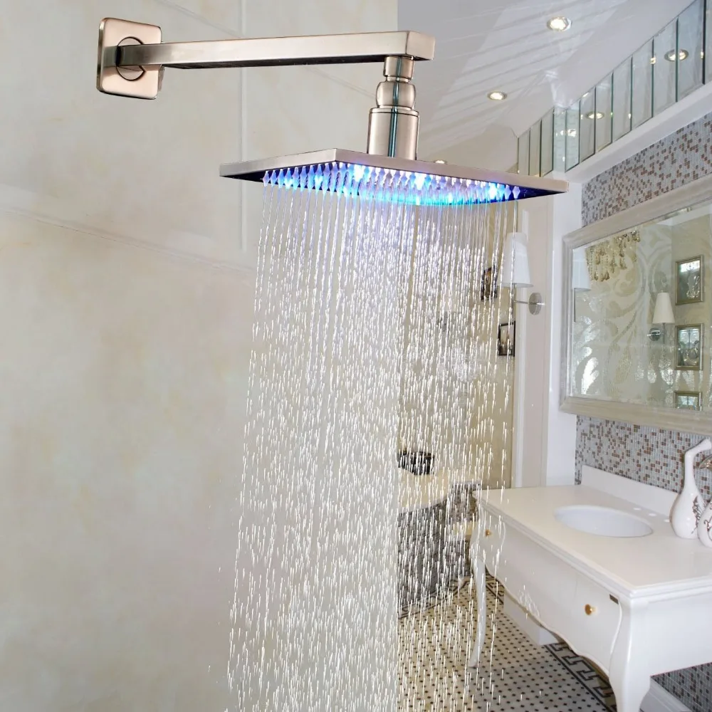 

Brushed Nickel LED Light 10 Inch Top Shower Head with Wall Mounted Shower Arm