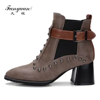 

Fanyuan Size 32-48 Cool Punk Rivet Shoes Woman Vintage Heels Pointed Toe Spring Autumn Ankle Boots Female Buckle Bootas Mujer