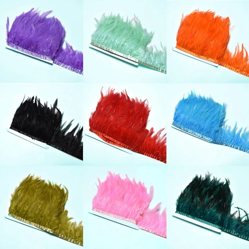

1Meters/lot Dyed saddle rooster feather trim 8-10cm Colored feather fringe for crafts sewing for DIY clothing dress Accessories