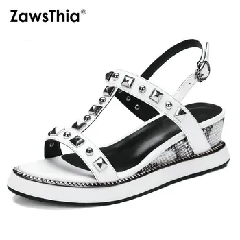 

ZawsThia 2020 summer genuine leather soft snakeskin print woman wedges high heels white black punk women sandals with rivets