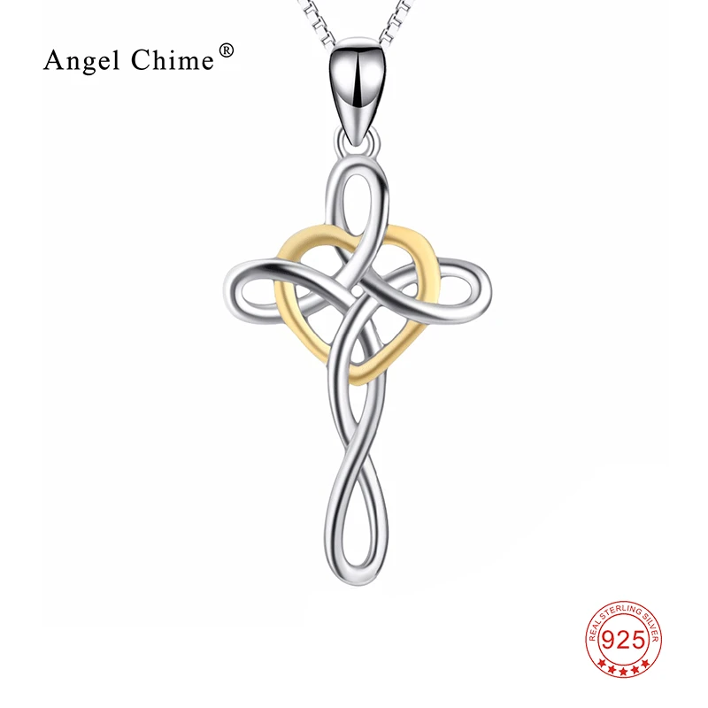 

Lucky Knot Gold Love Heart Charm 925 Sterling Silver Cross Pendant Statement Necklaces Fashion Kolye Jewelry For Women