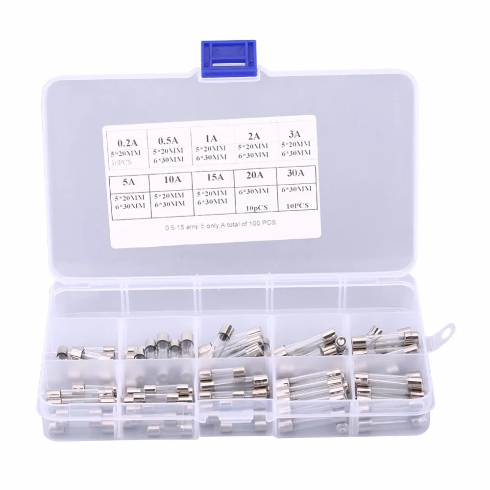 100Pcs 5*20mm 6*30mm Assortment Car Glass Fuse Tube Kit 0.2A 0.5A 1A 2A