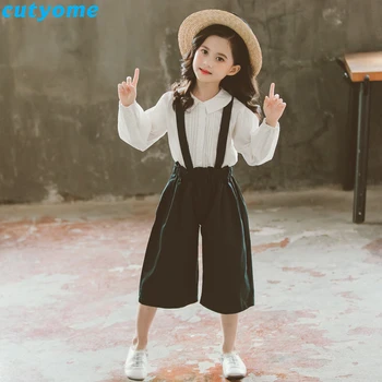 

Fall Teenage Girls Clothing Kids 2pcs Outfit Set Toddler Girl Boutique Back To School Clothes White Blouse+Wide Leg Bibs Pant 12