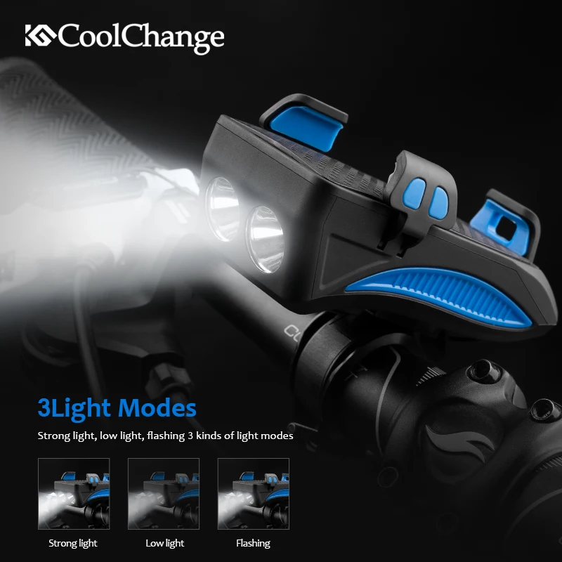 

CoolChange 4 in 1 Electronic Bell 130db Horn MTB Bike Bell Light With Light USB Charging Power Bank Cycling Phone Holder