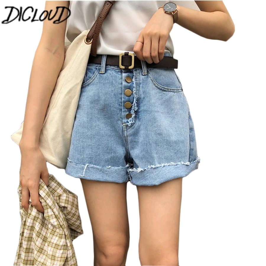 

DICLOUD New Button High Waist Denim Shorts Women 2018 Korean Style Loose Casual Jeans Female Washing Curled Blue Summer Shorts