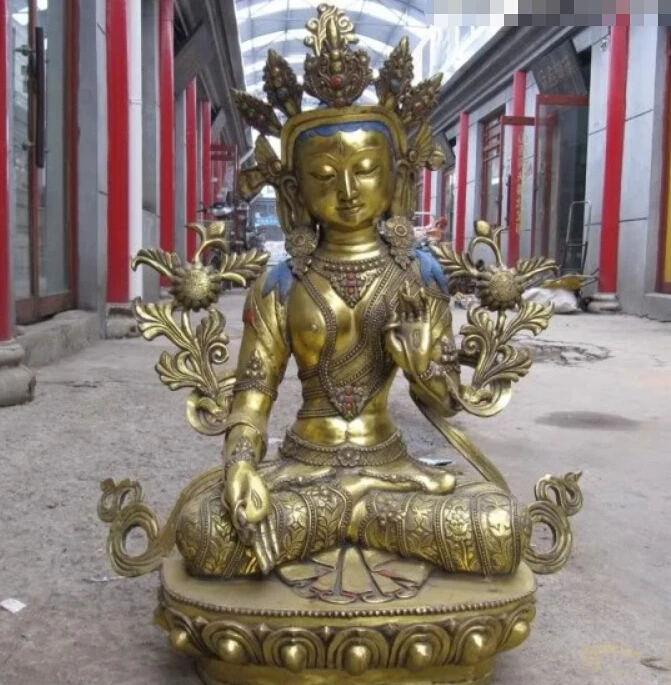 

30 Inch Folk temple Bronze Gild White TaRa Bodhisattva Kwan-Yin Buddha Statue