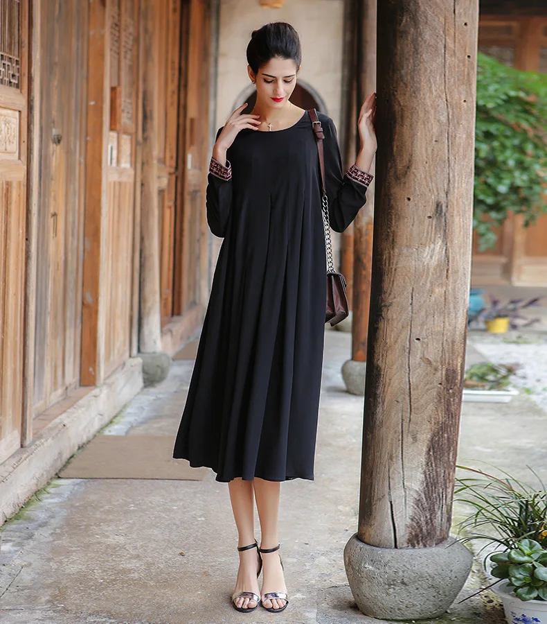 VOA размера плюс шелковое платье трапециевидной формы с вышивкой Женские вечерние летние платья с длинным рукавом черная sukienki одежда A7521