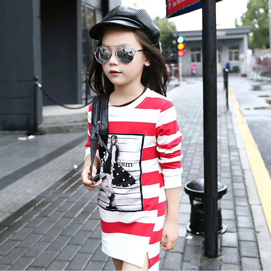 

Autumn Dresses For Girls Long Sleeve Striped Girls Dress Printed Kids Top Winter Girls Clothing 4 6 8 12 14 Years Christmas Gift