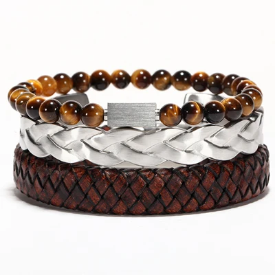 Motivation and Power Bracelets,Tiger’s Eye, Leather,Titanium