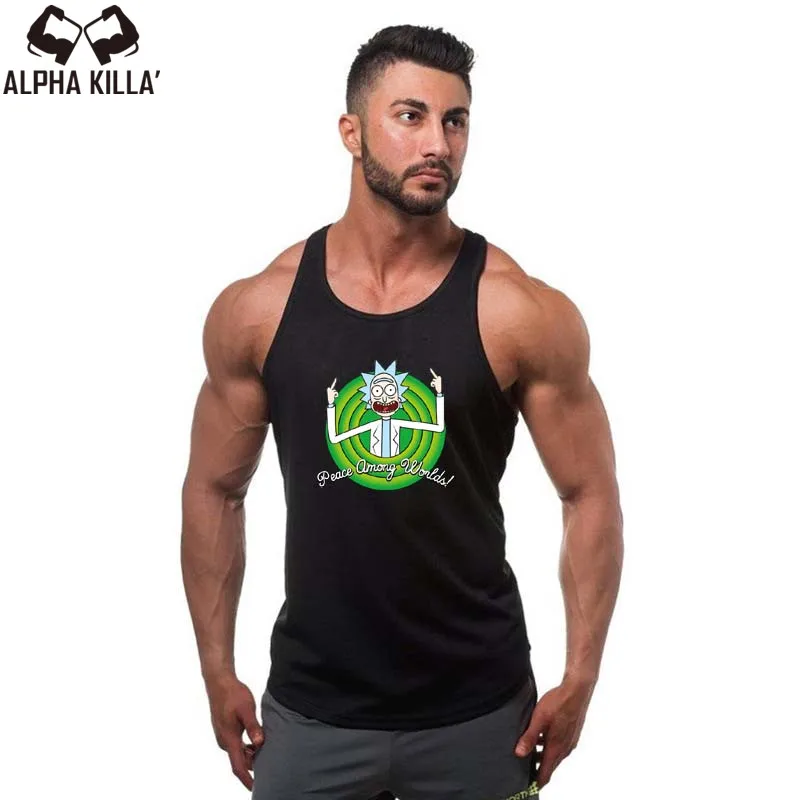 

Cool Rick Morty men Tank Tops 2018 Summer Anime vest rick and morty worlds folk black White Fitness Cartoon tops