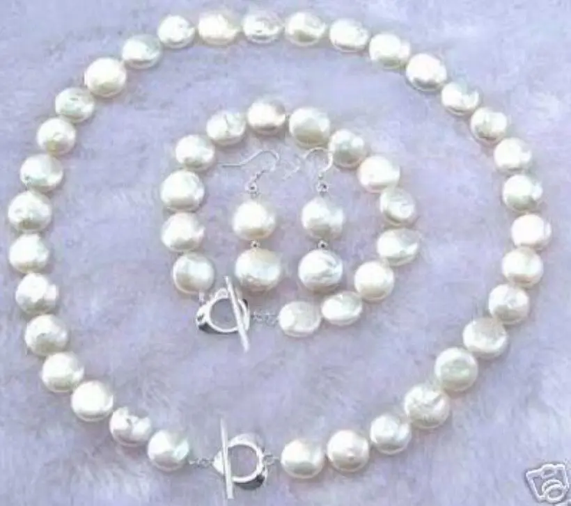 

NEW 11-12MM White Coin Pearl Necklace Bracelet Earring Set AAA+002 A(5.18)