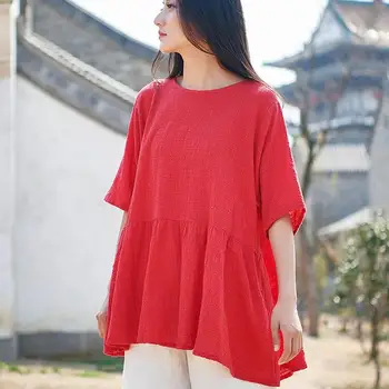 

2019 Women Cotton Linen Tee Shirts Summer Casual Round Neck Five-point Sleeve Solid Color Loose T-Shirt Tops