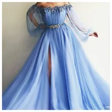 Элегантное вечернее платье с разрезом по бокам, украшенное жемчугом, небесно-голубое вечернее платье с кристаллами, вечерние платья с открытыми плечами