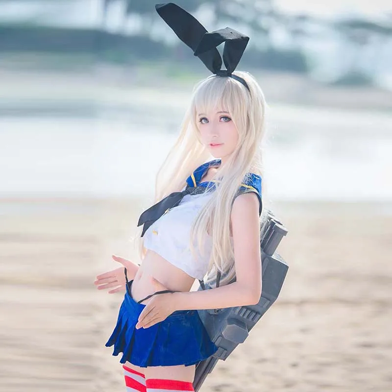 

Cute Anime Kantai Collection Shimakaze Uniform Sailor Navy Style Cosplay Costume Socks Top Tie Gloves Headdress Adult Women Girl