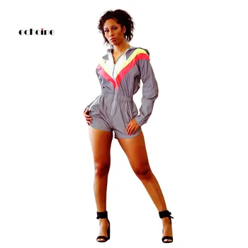 

Echoine Women Sport Jumpsuit Fashion Hooded Collar Long Sleeve Patchwork Casual Loose Short Pants Playsuits Rompers Streetwear