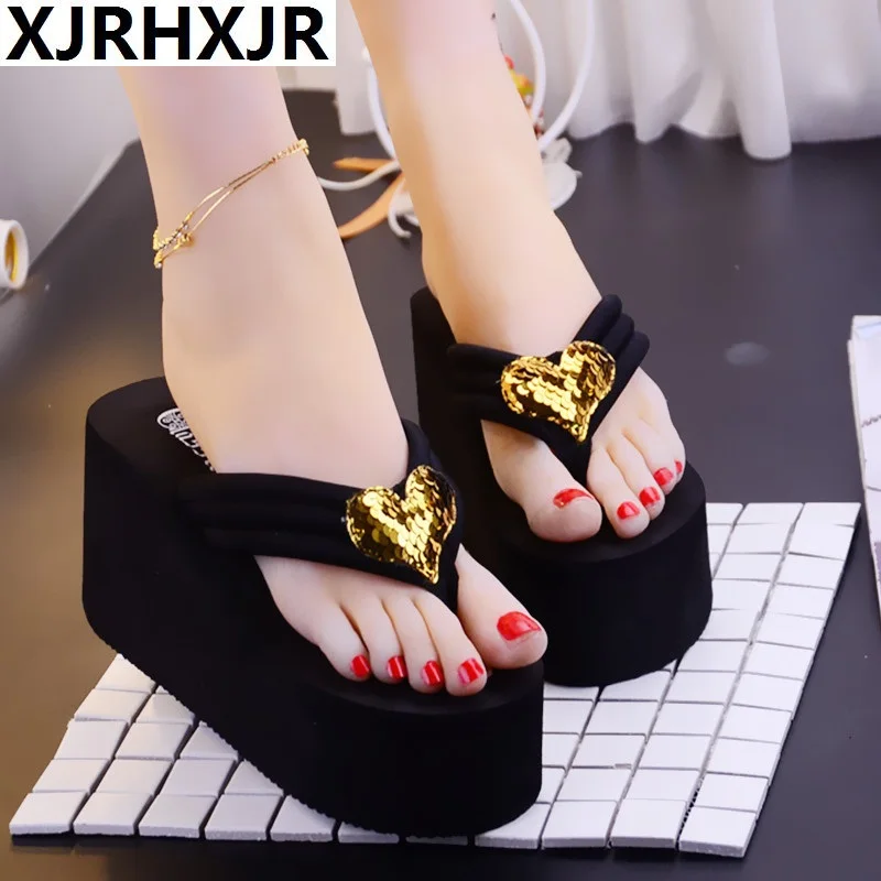 

XJRHXJR 2019 New Women Fashion Platform 8cm Wedges High Heel Flip Flops Beach Sandals Summer Slippers Shoes Female Slides
