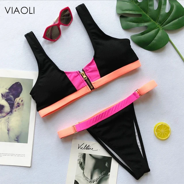 {Excellent|Wonderfull|Very Good|Very Recommended} Front chest zipper design swimsuit 2018 women's sexy bikini set Contrast stitching color swimswear lady's beach swimwear  New Limited Price