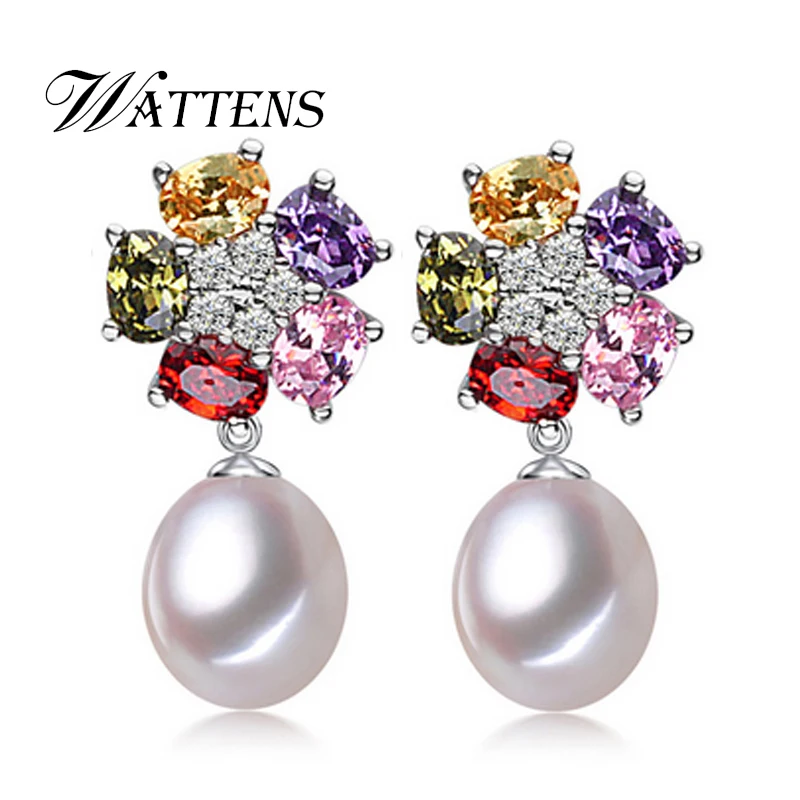 

WATTENS Genuine Natural Pearl stud earrings, white black Pearl Jewelry, Flower 925 sterling silver earrings for women LOVE gift