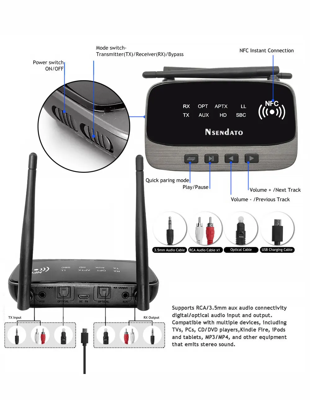 NFC и 262ft/80m большой диапазон Bluetooth 5,0 передатчик приемник 3в1 аудио адаптер с низкой задержкой aptX HD Оптический RCA AUX 3,5 мм ТВ