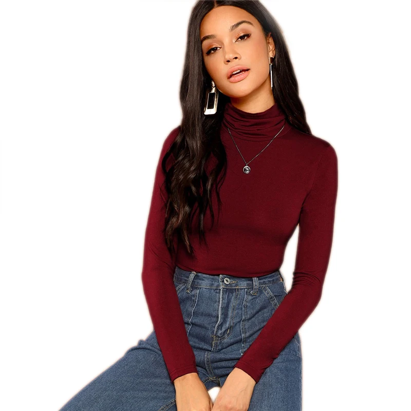 Burgundy Solid High Neck Long Sleeve T-shirt Blouse