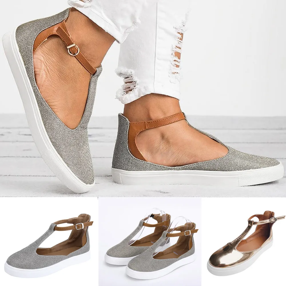 

Fashion Women Vintage Out Shoes Round Toe Platform Flat Heel Buckle Strap Casual Shoes Retro T- tied gray gold plus size 35-43