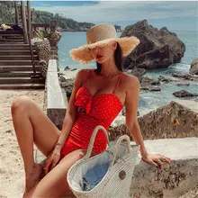 Сексуальный сдельный купальник с вырезами, женский купальник в горошек, купальник с бантом, монокини, открытая спина, трикини, стринги, купальный костюм, красная пляжная одежда