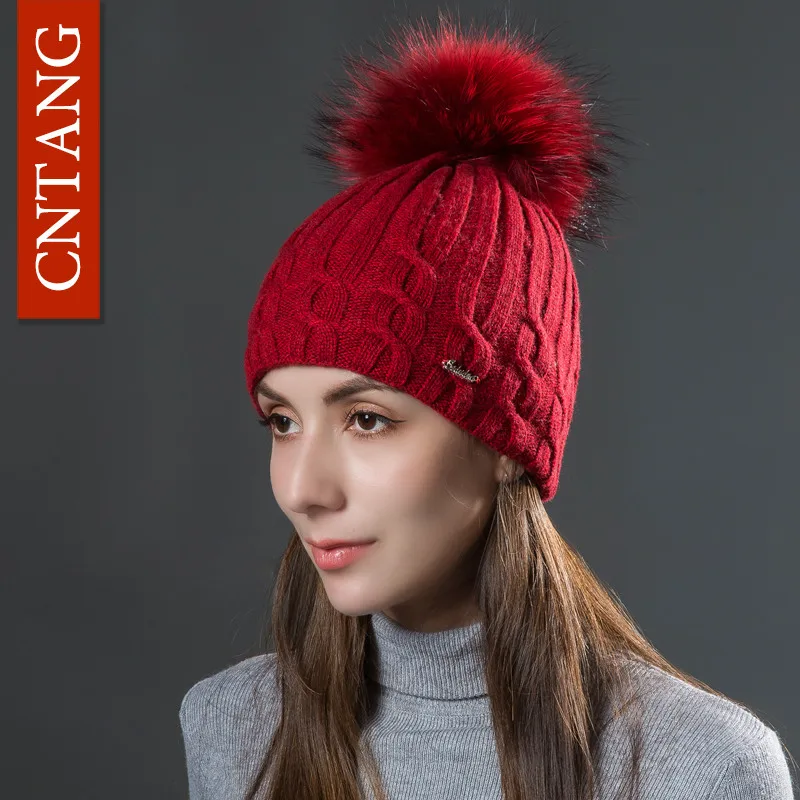 CNTANG двухслойные женские шерстяные шапки с натуральным помпон из меха енота теплые зимние шапки вязаные шапки с помпоном Модная женская шапка - Цвет: Red Red Pompom