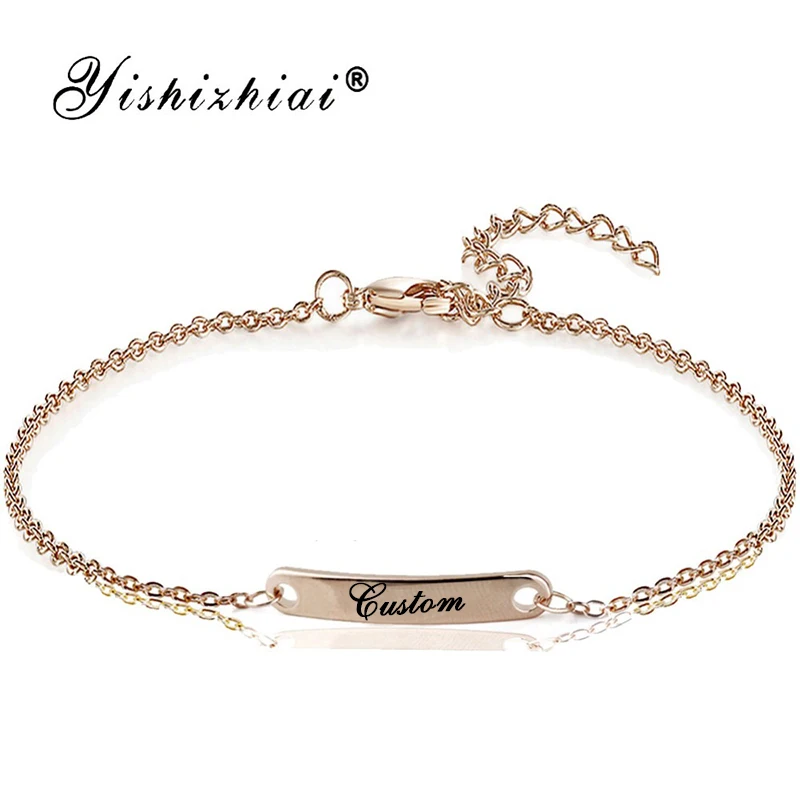 Rose Gold Custom Пользовательское Имя ID бар браслет золото нержавеющая сталь начальный шарм браслеты для женщин персонализировать ювелирные изделия лучшие друзья подарок - Окраска металла: Rose Gold Custom