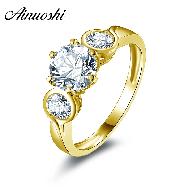 

AINUOSHI 10k Solid Yellow Gold Wedding Ring 3 CZ Young Lady Engagement Anillos Fine Jewellry Cuestomized Ring for Women Wedding