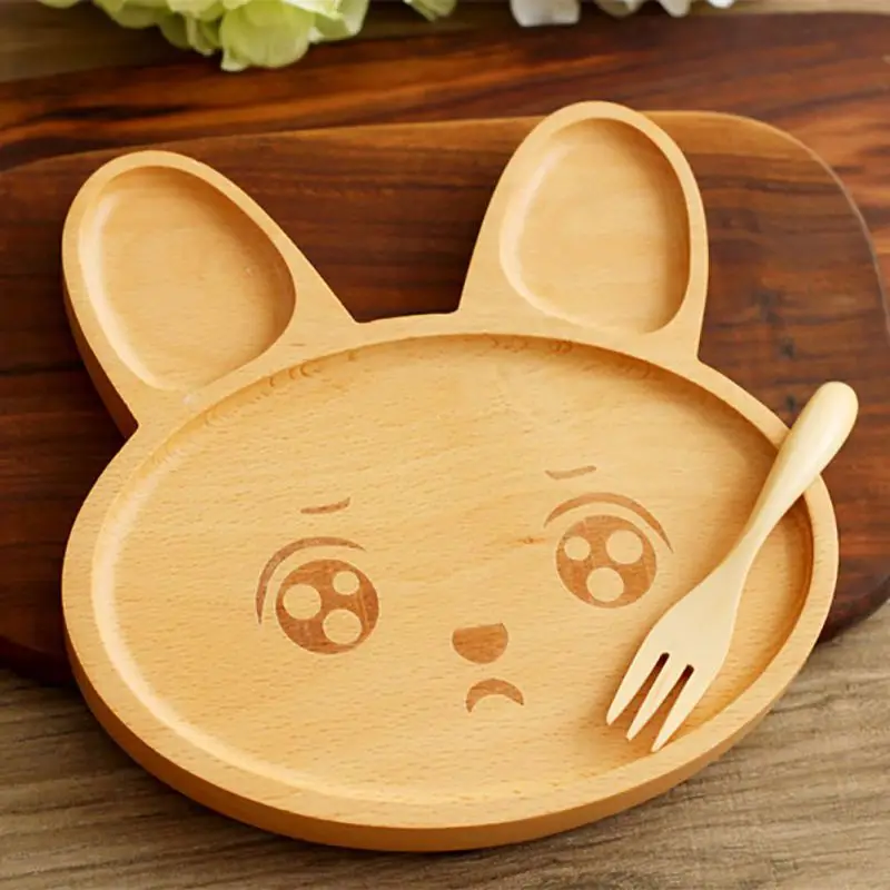 Kitchen Table Decor Accessories Wooden Cartoon Rabbit Bunny Face Pattern Food Tray Children Cute Animals Snack Dish for Kids