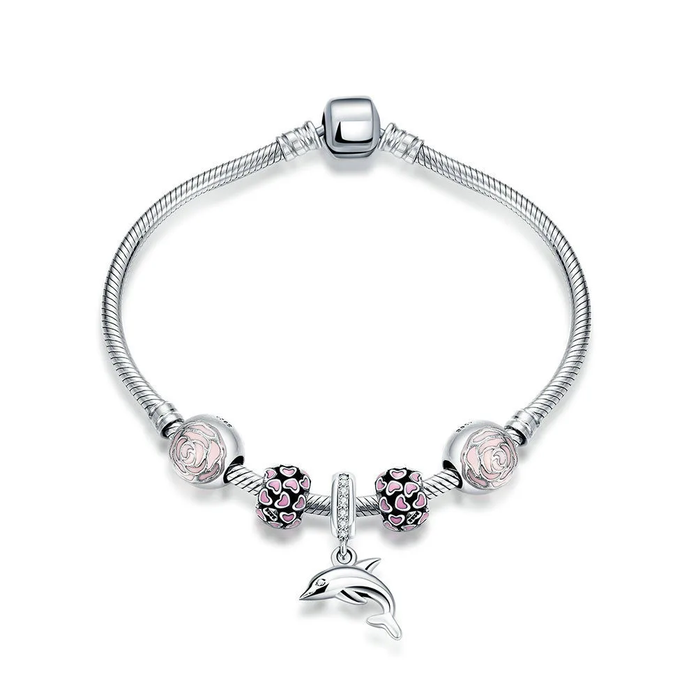 Dolphin Flower Pink Crystal CZ Balls 925 Silver Bracelet