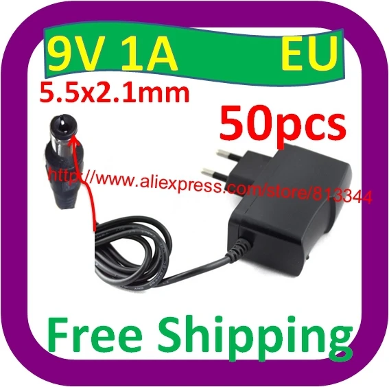 

50 pcs Free Shipping AC 100V-240V Converter Adapter DC 9V 1A Power Supply EU Plug DC 5.5mm x 2.1mm 1000mA