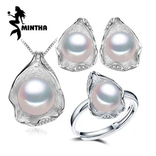 Ювелирные наборы MINTHA из натурального жемчуга для женщин, богемное ожерелье с подвеской в виде ракушки, серьги-гвоздики из стерлингового серебра 925 пробы, вечерние кольца
