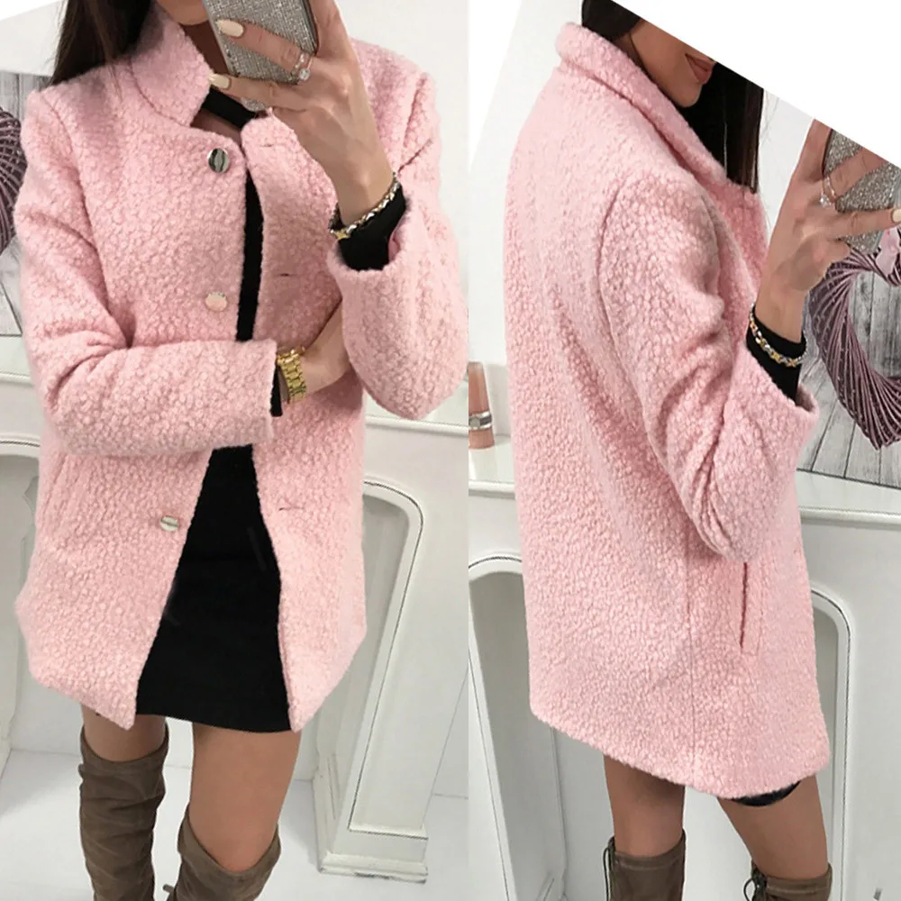 YOUYEDIAN Women Winter Solid Single-breasted Notched Fluffy Pocket Jacket Outwear Coat - Цвет: Розовый