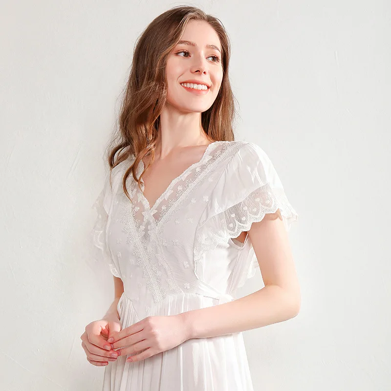Летние белые хлопковые вискозные женские длинные ночные рубашки с коротким рукавом в винтажном стиле для принцесс, милая одежда для сна, Женское ночное платье 180818