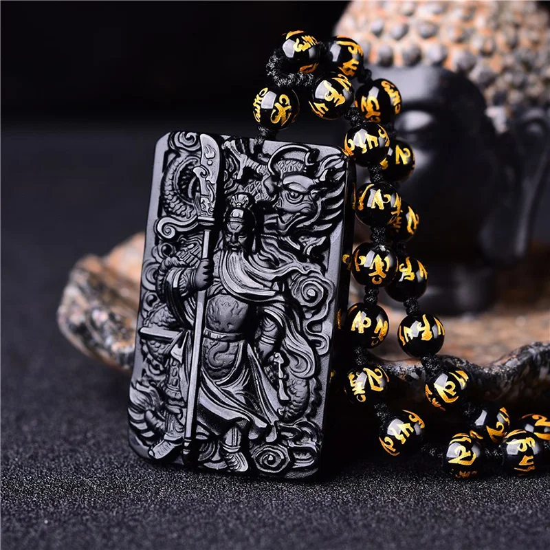 

Natural Black Obsidian Lord Guan Yu Pendant Nekclace With Six-word Mantra Beads Chain Lucky Amulets And Talismans Men Jewelry