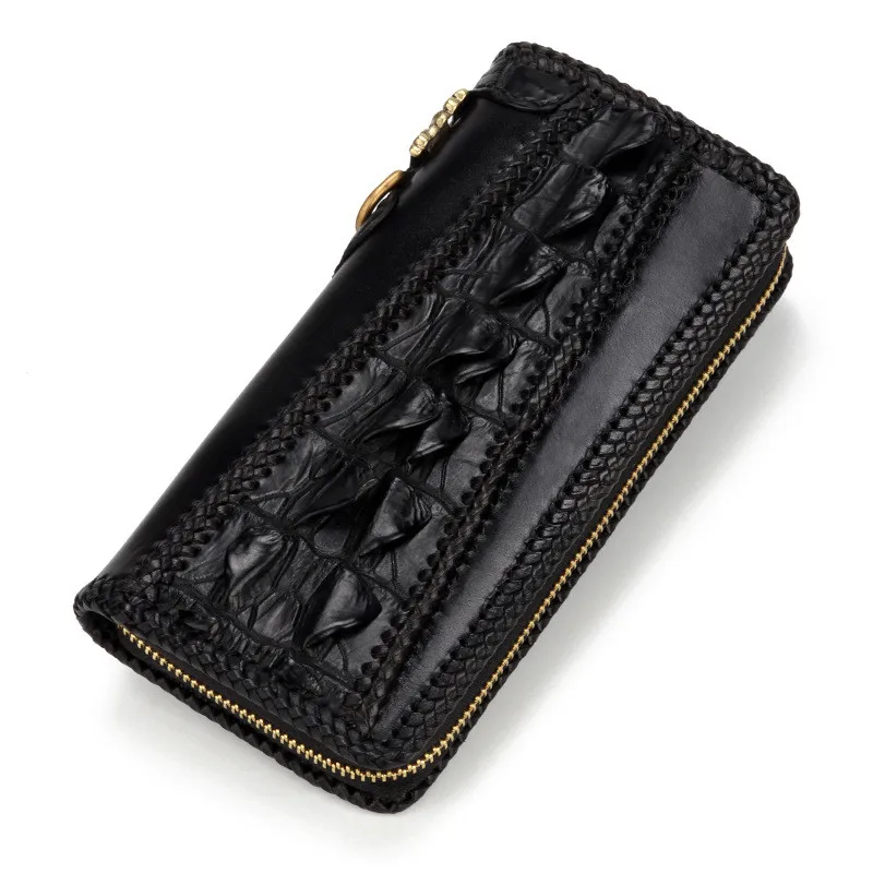 

Handmade Knitting Men Genuine Leather Card Holder Alligator Long Wallets Black Purses Clutch Vegetable Tanned Leather Wallet